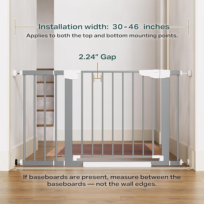 Cumbor 30-46" Baby Gate for Stairs, Gifts for Mom-Auto Close Dog Gate for The House, Easy Install Pressure Mounted Pet Gates for Doorways, Easy Walk Thru Wide Safety Gate for Dog, Gray