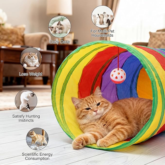 Bemodst S-Type Cat Tunnel, 2 Way/3 Way/4 Way/5 Way Collapsible S-Shape Small Animal Tubes Kitty Tunnels Interactive Maze House Toy with Storage Bag for Kitten Puppy Rabbit Guinea Pig (Rainbow-5 Way)
