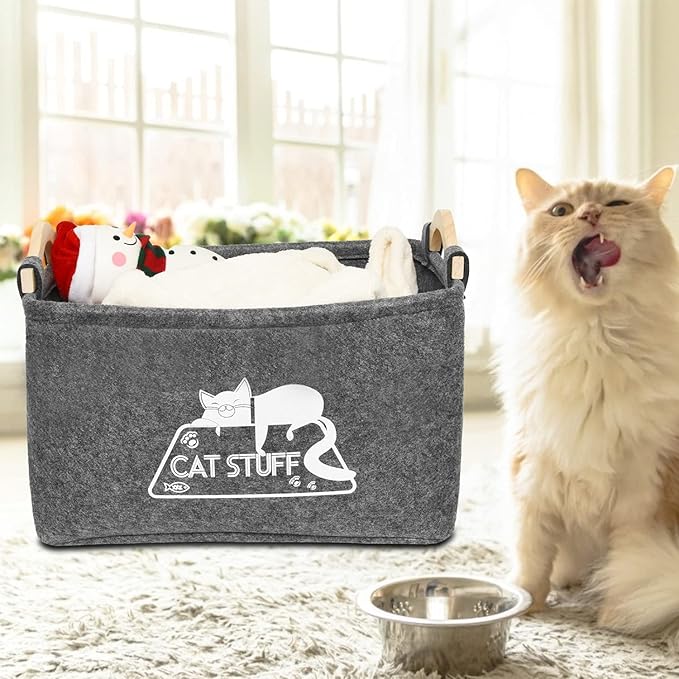 Vumdua Cat Toy Box, Cat Toy Storage Basket with Handles, Felt Pet Toy Basket Pet Supplies Storage Bin, Perfect for Organizing Cat Toys and Accessories