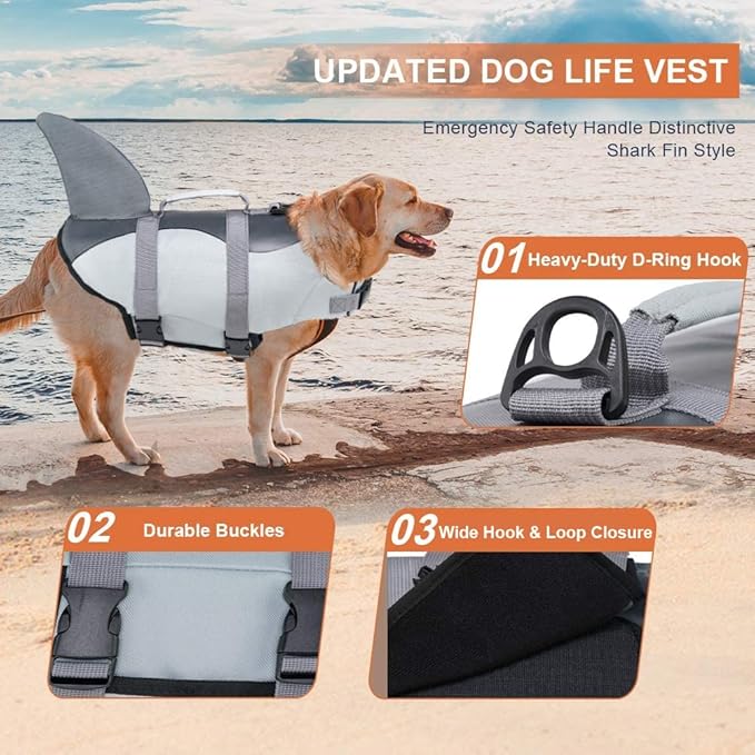 EMUST Dog Life Vests, Dog Floats for Swimming, Boat, Pool, Ripstop Pet Life Jacket with High Buoyancy and Lift Handle for Small and Medium Breeds, (M,Grey)
