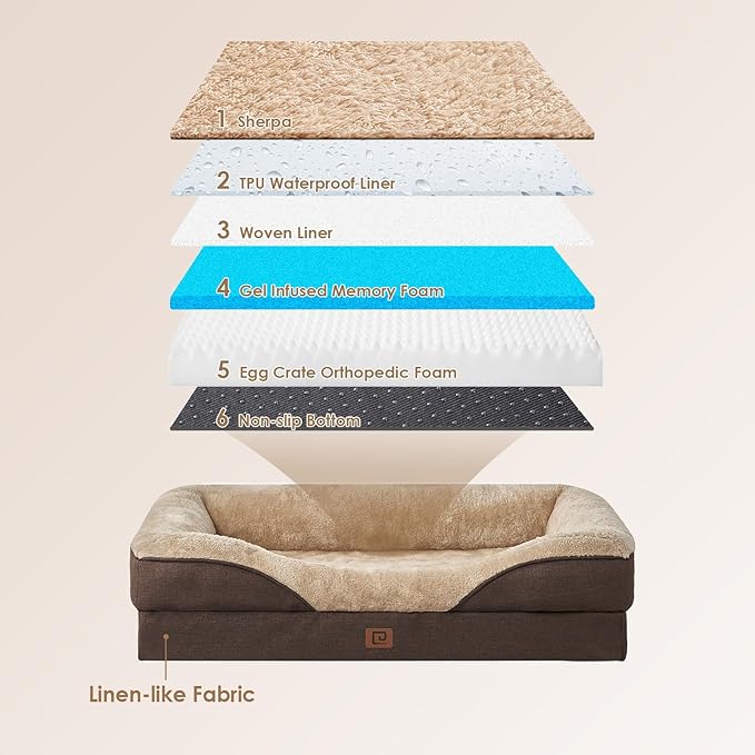 EHEYCIGA Orthopedic Dog Bed for Large Sized Dog, 36x27 Inch Large Memory Foam Dog Couch Bed with Sides, Waterproof Liner & Washable Removable Cover, Bolster Pet Sofa, Brown