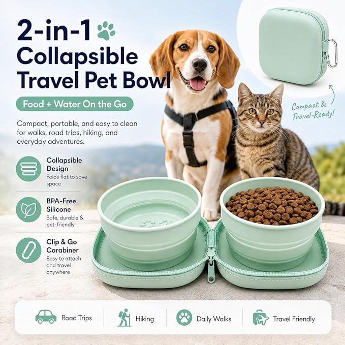 ZBBOPQ Portable Dog Bowl, Collapsible 2-in-1 Travel Dog Bowls with Carabiner Clip, Silicone Double Pet Food and Water Dish for Outdoor Camping and Hiking (Green)