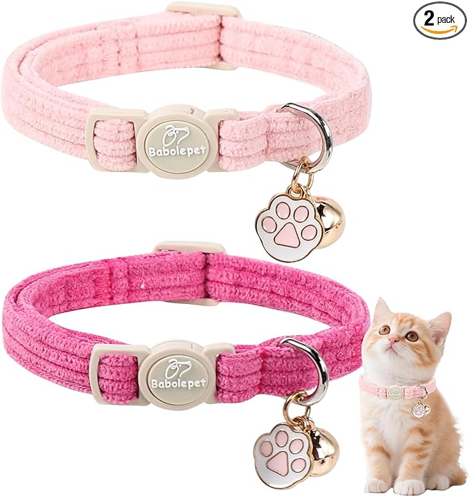 2 Pack Corduroy Cat Collars - Cute Breakaway Cat Collar with Bell and Paw Pendant, Soft Adjustable Fall Winter Kitten Collars for Girl Boy Cats, Pink&Deep Pink