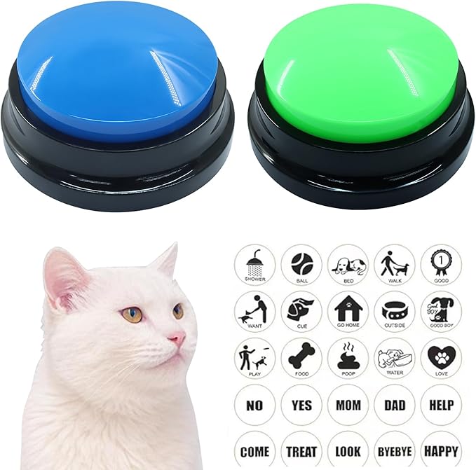 Voice Recording Button, Buttons for Communication Pet Training Buzzer, Fun Interactive Toy for Dogs, Cats, Perfect for Home, Office, or Outdoor Use (2 Packs, Blue and Green)