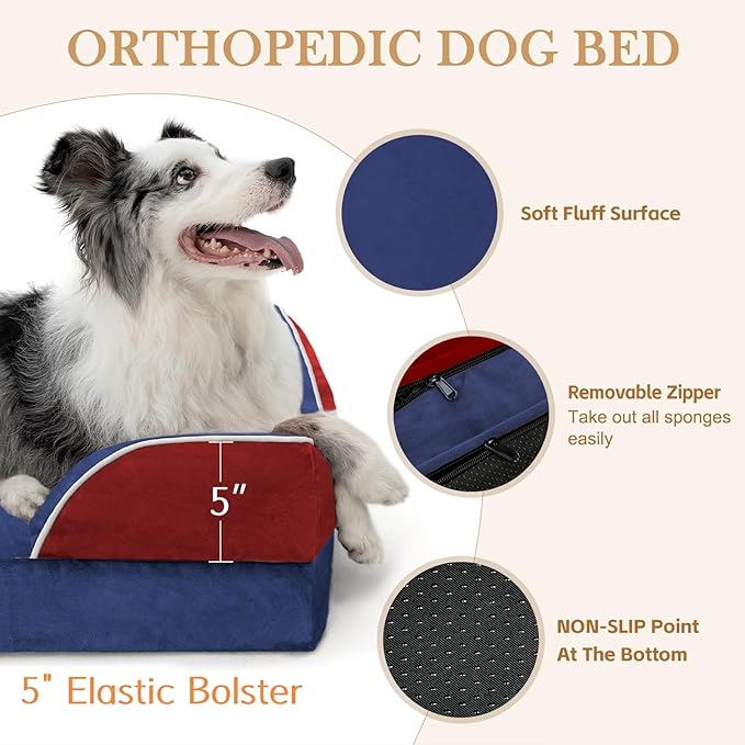 Comfort Expression Orthopedic Dog Bed for Extra Large Dogs 45x35 Inch, Waterproof Egg Crate Foam XL Pet Bed with Bolsters, Dog Couch with Washable Cover & Non-Slip Bottom, American Flag 4