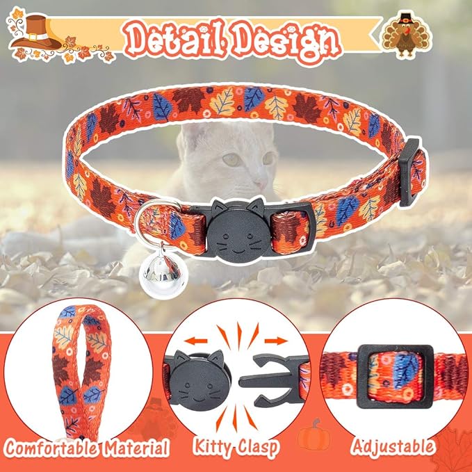 PUPTECK Cat Collar Breakaway with Bells, Kitten Collar Outfit Adjustable for Girl Boy Small Pet Puppy Bunny, Cute Costume Accessory with Safety Release Buckle (Sticker-Thanksgiving)