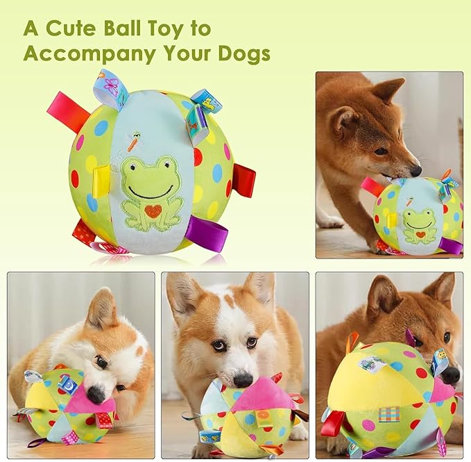 Letalong Dog Squeaky Plush Toy with Straps, 6-Inch Soft Stuffed Ball with Cotton Material and Bell Built-in, Pet Interactive Fetch Toy for Small to Large Dog