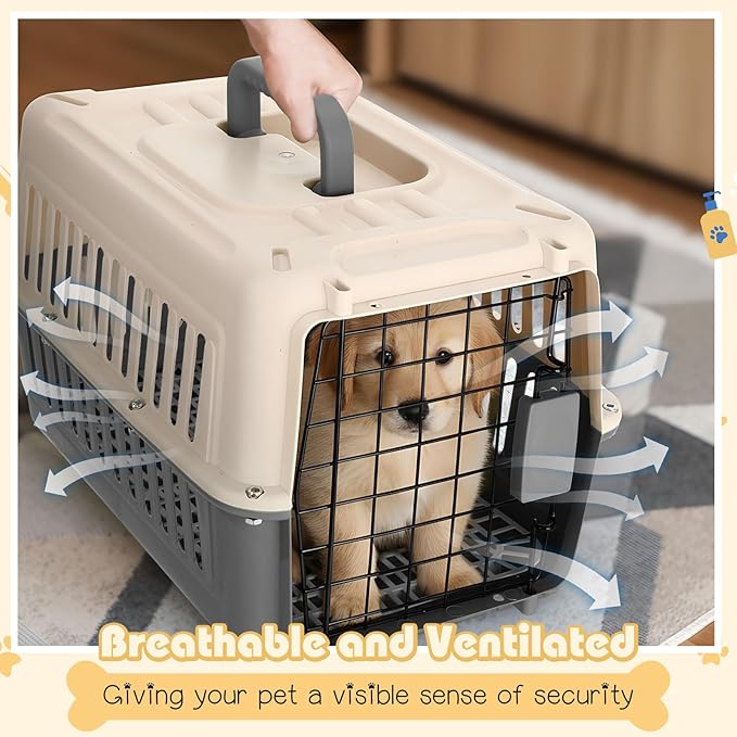 2 Set Hard Plastic Pet Carrier Breathable Dog Cat Kennel with Metal Door Bowl Grille Mat Pet up to 14 Lbs Carrier for Walking Camping Vet Visits Travel, 17.3"L x 11.8"W x 10.6"H(Gray White)