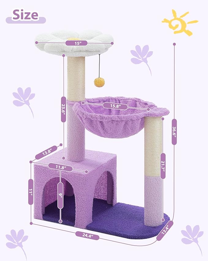 MUTTROS Purple Flower Cat Tree for Small Indoor Cats w/Large Metal Frame Hammock, 35" Cute Cat Tower with Sisal Scratching Posts, Cozy Condo with Cloud White Bed for Kittens