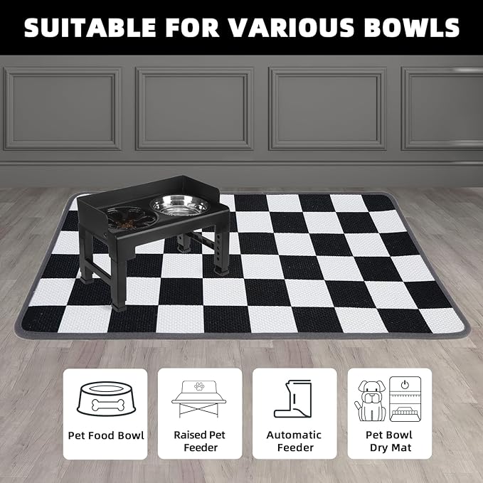 PUPTECK Dog Food Mat, Absorbent Pet Cat Feeding Mat for Food and Water Bowls, Anti-Slip Dog Placemat for Floors Waterproof, Pet Supplies Accessories, Black & White Checkered M