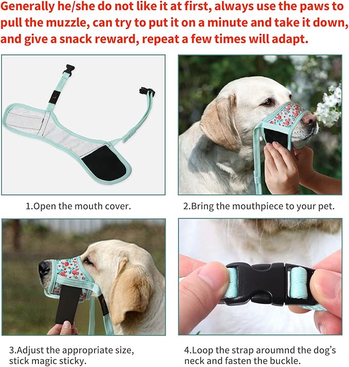 HEELE Dog Muzzle,Soft Nylon Muzzle Anti Biting Barking Chewing,Air Mesh Breathable Drinkable Adjustable Loop Pets Muzzle for Small Medium Large Dogs 4 Colors 4 Sizes (P-Cyan Flower, XS)