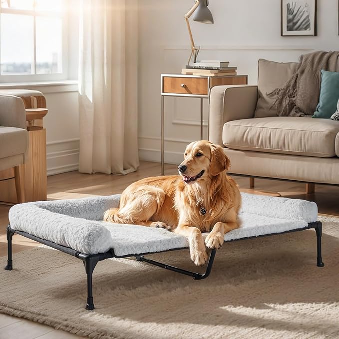 Veehoo Orthopedic Elevated Dog Bed Add Removable Deluxe Rose Plush Bolster Cushion Mat, 47" x 29" Washable Dog Couch Bed, Raised Pet Cot with Breathable Teslin Mesh, No-Slip Feet, Grey, CWC2439B