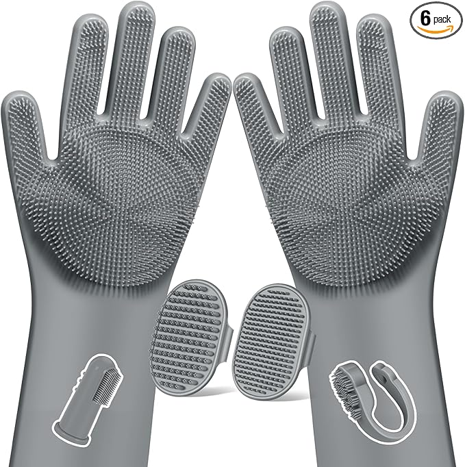 Augwind 6PCS Pet Grooming Kit for Dogs, Cats and Horses | Dog Washing Gloves | Cleanroom Gloves | Dog Bath Brush | Dog Bath Gloves | Dog Shampoo Brush | Dog Bath Supplies (Grey)