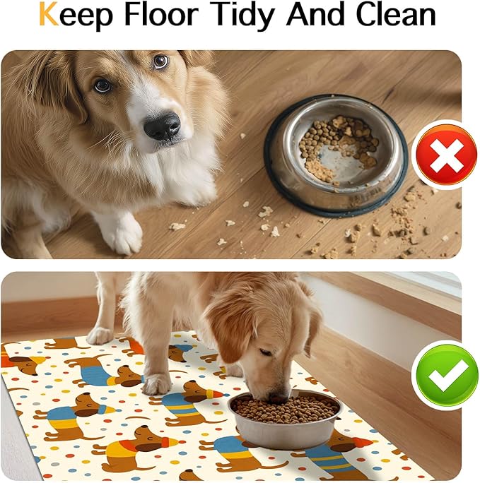 HOMETITUTE Adorable Dachshund Puppy Pet Food Mat with Colorful Polka Dot Pattern Pet Bowl Mat for Dogs and Cats Non Slip Feeding Mats Easy Clean Fast Dry Cat and Dog Feedings Mats 20" x 12"