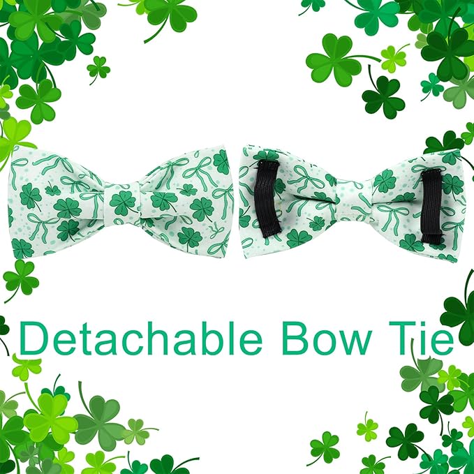 St. Patrick's Day Dog Collar with Bow Tie, Spring Shamrock Bowtie Collar for Girl Boy Dog, Lucky Clover Dog Collar with Metal Buckle, Green Collar for Dogs, XS