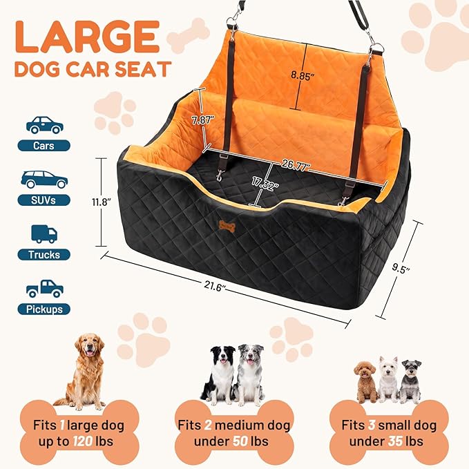 Dog Car Seat for Large Medium Dogs - Foam Dog Booster Seats up to 55 lbs, High-Depth Car Pet Seat with Storage/2 Safety Leash, Portable Travel Pet Bed for Cars, 2in, Black
