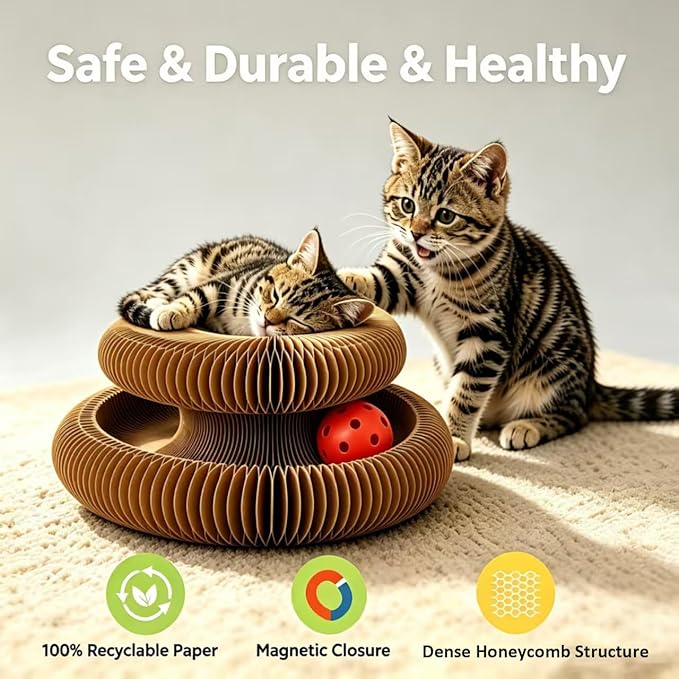 Kitty Curls Cat Toy, Magnetic Magic Organ Cat Scratch Board, Foldable Cat Accordion Toy, Interactive Track Scratcher Pad with Toy Catnip Bell, Durable Eco-Friendly Ring for Play, Chase & Scratch