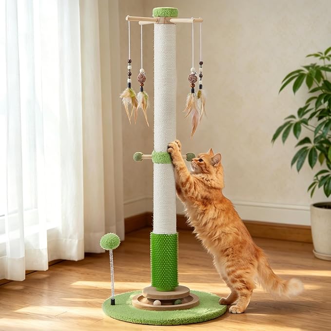 Cat Scratching Post, 38 Inch Tall Scratching Posts for Indoor Cats Adults and Kittens, Sisal Cat Scratch Post with Rotatable Hanging Toys, Rubber Brush, Mint Balls and Interactive Wooden Ball Track