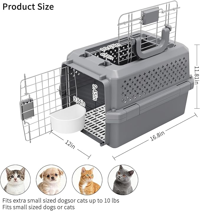 RIZZARI Portable Cat Carrier for Small Cats & Dogs:Secure Hard-Sided Pet Carrier with Ventilation - Metal Door & Carry Handle for Travel - Vet Visits & Daily Use (Gray, X-Small)