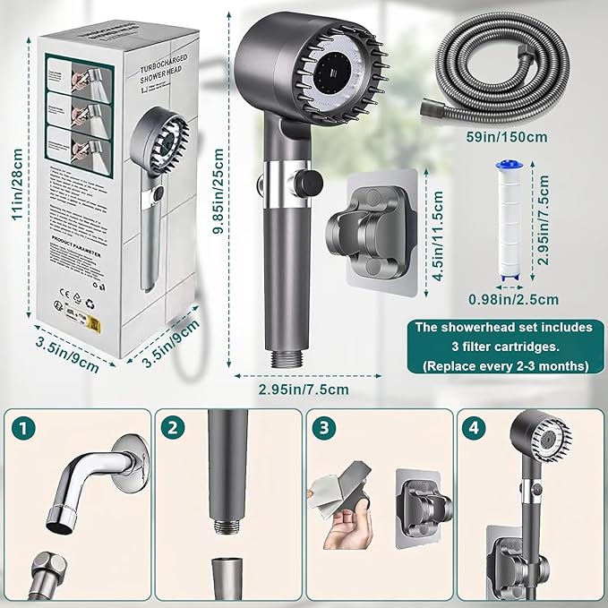 High Pressure Shower Head, 4 Spray Mode High Pressure Filtered Showerhead with 59 Inch Hose and Holder, Massage Handheld Shower Head and Hose Set with Pause Switch for Pets Bath-Remove Chlorine (Gray)