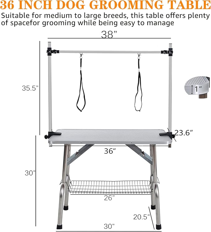 Professional Dog Pet Grooming Table Adjustable Heavy Duty Portable w/Arm & Noose & Mesh Tray (Grey, 36")