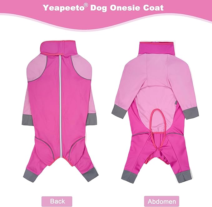 Dog Onesie Coat - Water-Repellent & Stretchable, Dirt-Resistant Outdoor Puppy Suit with Reflective Strips | Controls Shedding | for Small, Medium, Large Dogs (Fuchsia Pink, 2XL(Weight 25-35 lbs))