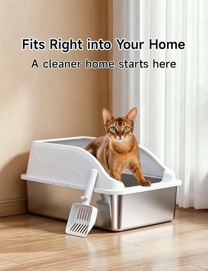 Stainless Steel Cat Litter Box, Extra Large XL Odor Free Metal Litter Box with High Sides Lid, Open Top Litter Pan Include Scoop Easy Cleaning Kitty Cat Box Anti-Urine Leakage, Non-Sticky