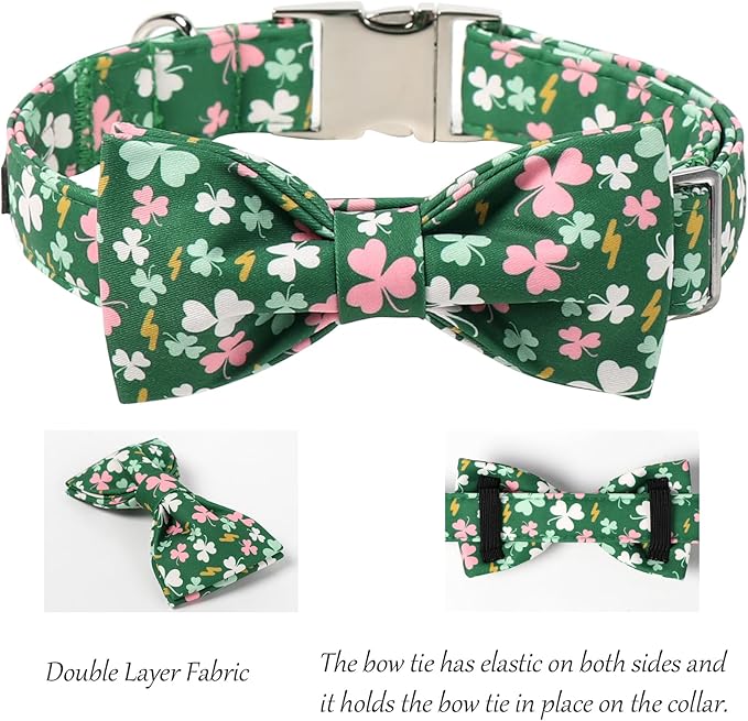 Lionet Paws St. Patrick Dog Collars with Bow tie,Cute Pink Clover Green Dog Collar Bow Tie for Dogs Female, XS, Neck 8-12 inches