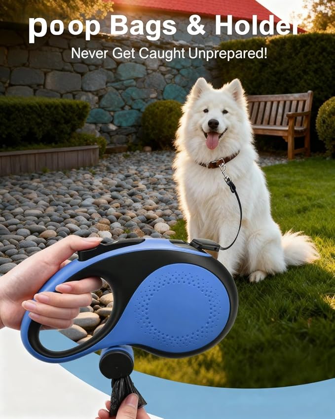 26FT Heavy Duty Retractable Dog Leash for Large Dogs Up to 110lbs,Chew Proof Nylon,360° Tangle-Free,One-Hand Brake Lock,Anti-Slip Grip,Extendable Leash with Poop Bag Holder (Blue)