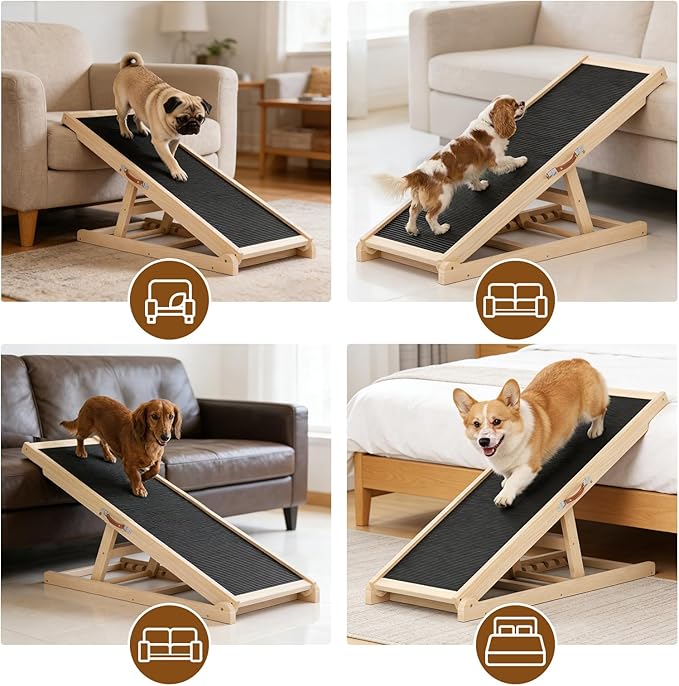 Dog Ramp for Couch, Adjustable Height from 18" to 23.6", Foldable Ramps for Pets to Get on Bed with Traction Rubber Mat, Wooden Portable Stairs for Small to Large Dogs