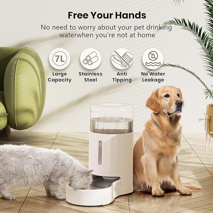 CZPET Dog Water Bowl Dispenser 7L, Wider Mouth & Upgraded Brush for Easy Cleaning Automatic Cat Gravity Refilling Waterer with Removable Stainless Steel Bowl, Large Drinking Area for Multi-Pet (White)