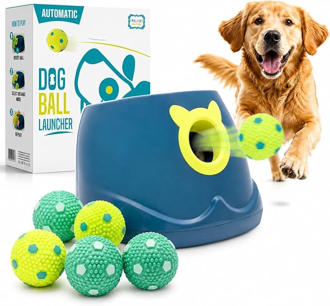 Automatic Dog Ball Launcher - Dog Ball Fetch Machine, Ball Thrower for Dogs, for Small to Medium Sized Dogs, Interactive Dog Toy with 6 Latex Balls, Plug-in & Battery Options - 4 Launch Distances