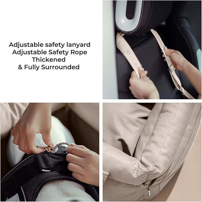 FUNNYFUZZY Luxury Dog Car Seat for Small Medium Dogs Under 35 lbs, Waterproof Leather Pet Booster Seat with Safety Leash & Anti-Slip Base, Fully Padded Dog Car Bed, Portable Puppy Carrier(Khaki)