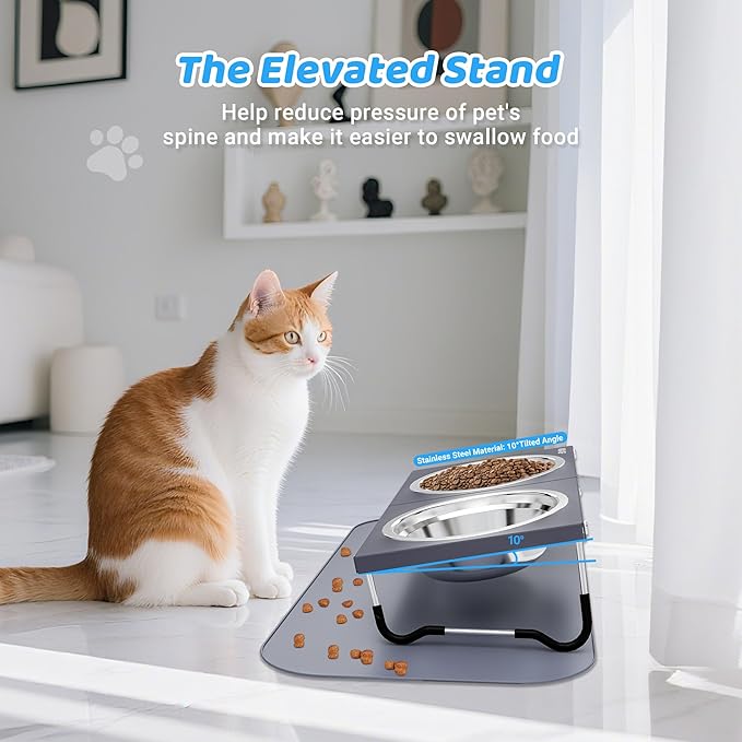 Upgraded Elevated Cat Bowls with Food Mat,10°Tilted Foldable Stand Anti Vomiting Raised Cat Dishes for Food and Water,2 Stainless Steel Bowls for Cats and Puppy(with Mat)
