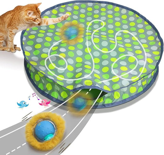 Giociv Interactive Cat Toys Ball Fast Rolling in Pouch, Motion Activate Chirping Cat Toy Hide and Seek Mouse Catching Game (Green Polka dot)