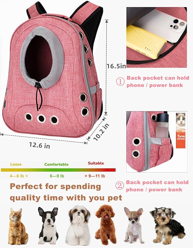 Small Dog Cat Chest Backpack Carrier,Large Space Ventilated Front Facing Backpack Carrier for Puppy,Lightweight Doggy Backpack for Hiking,Camping,Travel,Outdoor,Max 12 lbs(Pink)