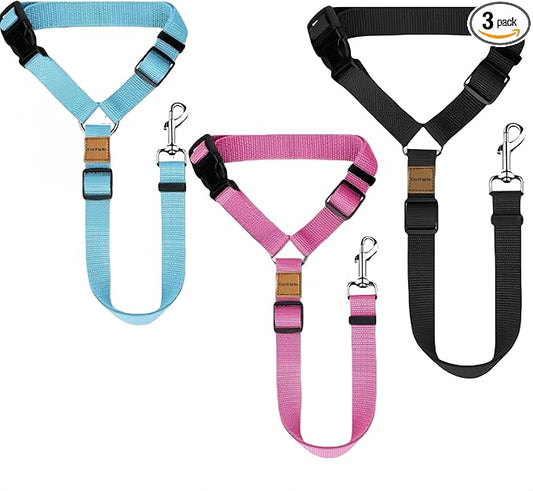 3Pack for Dog seat Belts in Cars, Adjustable Nylon Fabric for Dog car Restraint Devices (Pink, Black, Blue)