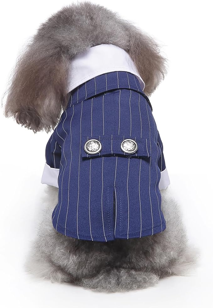 GabeFish Pets Wedding Jackets Suit for Dogs with Bow Tie Puppy Cat Formal Clothes Shirt Tuxedo (BlueStriped, L (Chest 17.3in/44cm)