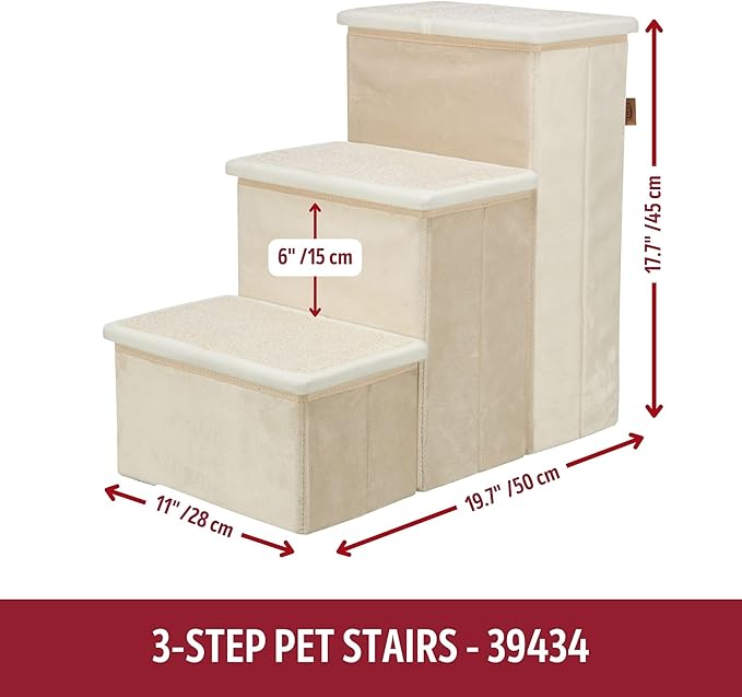 Trixie Velour Foldable 3-Step Pet Stairs with Storage, Collapsible, Storage Compartments for Pet Toys, Beige