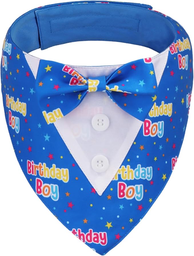 ADOGGYGO Birthday Boy Dog Tuxedo Bandana, Blue Collar with Bow Tie, Adjustable Formal Birthday Costume for Large Dogs (L)