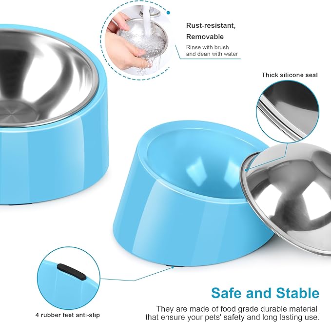Tilted Dog Bowl Non-Slip & Non-Spill Pet Feeder with Elevated Detachable Melamine Stand, Easy to Get Food Dog Dish, M/180ml Sky Blue