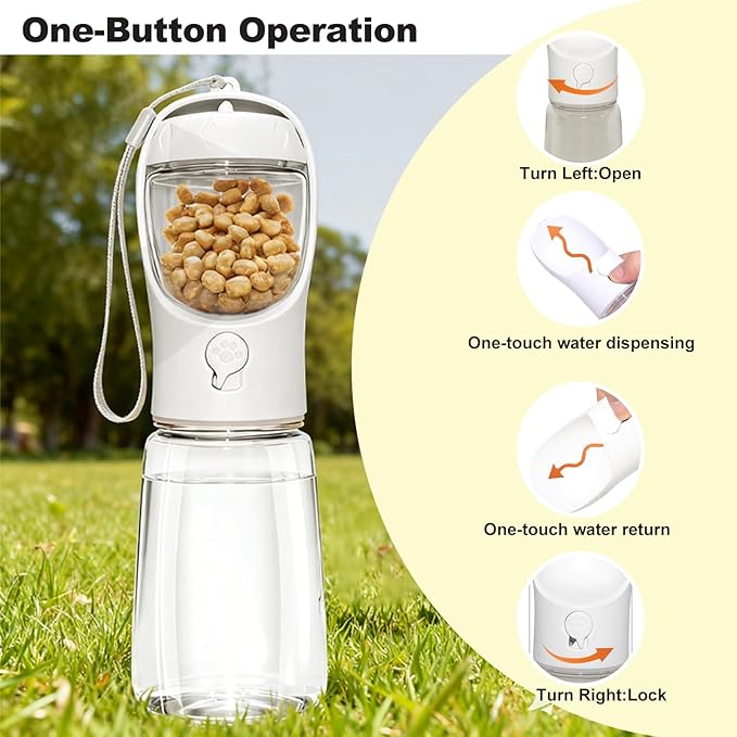 Portable Dog Water Bottle with Food Container, BPA Free Travel Water Bottle for Dogs, 2-in-1 Dispenser Drinking Feeder for Pets Walking, Hiking, Travel, Puppy Essentials, White, 19oz