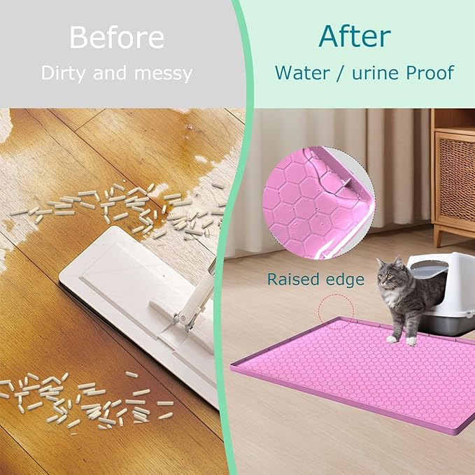 Cat Litter Mat, Silicone Large Cat Mat for Litter Box - 34x22 in, Waterproof & Non-Slip, Durable & Easy Clean, Pink