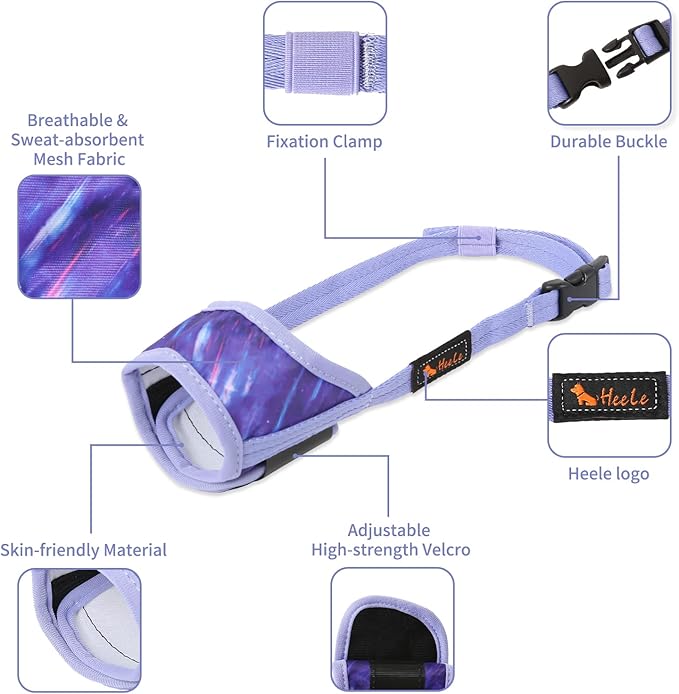 HEELE Dog Muzzle,Soft Nylon Muzzle Anti Biting Barking Chewing,Air Mesh Breathable Drinkable Adjustable Loop Pets Muzzle for Small Medium Large Dogs 4 Colors 4 Sizes (P-Meteor Purple, XL)