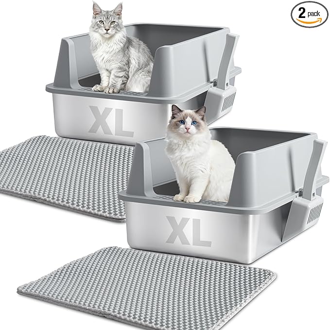 XL Stainless Steel Litter Box with Lid, Extra Large High Sided Metal Cat Litter Box with Mat and Scooper, Easy Clean, Non Stick & No Smell,2pack
