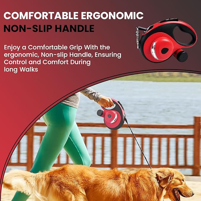 Best Dog Supplies Retractable Thick Dog Leash for S, M, Large Dogs with Bag Dispenser and Flashlight, 26ft/8M for Dogs up to 110lbs Pet Leash One Button Break Retractable Color - Red