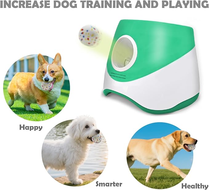 MEKAPLE Automatic Dog Ball Launcher for Samll to Medium Dogs, Upgraded Interactive Toy Balls Thrower, Distance Adjustable Mental Stimulating Dog Toys with 4 Etpu Balls 2.2 Inch (Green)