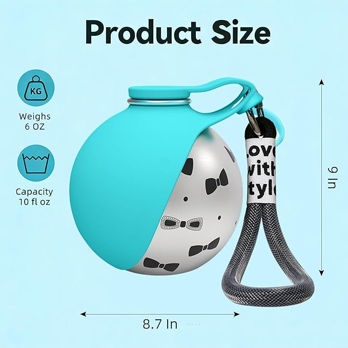 2 In 1 Portable Dog Water Bottle with Foldable Silicone Bowl, 10 Oz Travel Water Bottle for Dogs Drinking, Leakproof Stainless Steel Pet Water Bowl for Outdoor Walking Hiking Camping (Blue with Print)