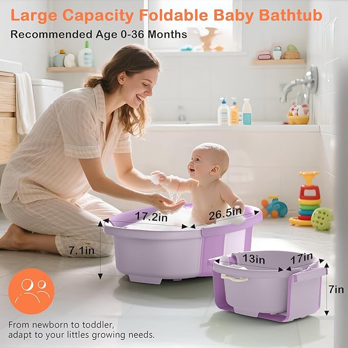 Collapsible Baby Bathtub - Large Baby Bath Tub with Thermometer & Cushion | Travel Portable Newborn Infant Bathtub | Foldable Toddler Bathtub for Baby 0 to 36 Months (Purple)