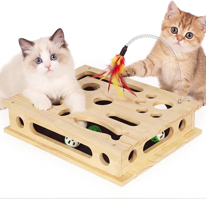 SENNOVI Extra Large Cat Toys for Indoor Cats, Wooden Puzzle Feeder & Scratcher Box, Interactive Enrichment Activity Center with Sandpaper Nail Trimmer, Boredom Buster for Multi Cat Households